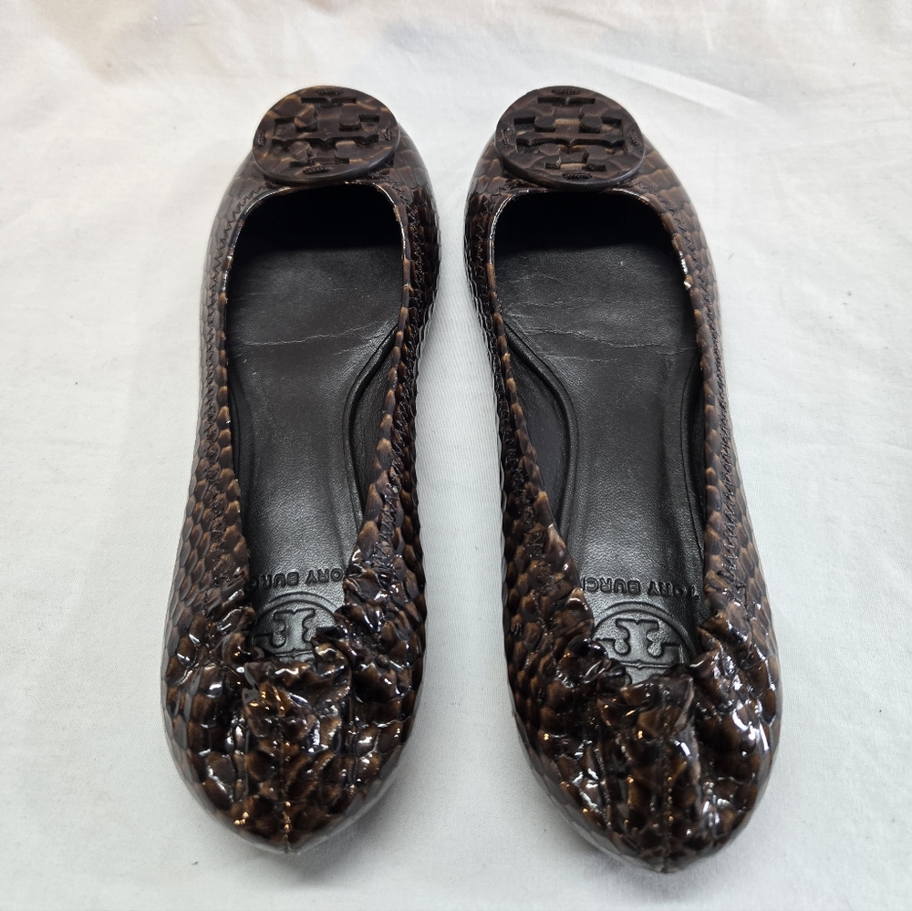 Tory Burch Women's 6 Reva Ballet Flats Brown Snake Skin Patent Leather - Picture 4 of 9